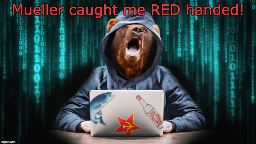 Mueller caught me Red handed - signed the Russian Hacker bear. | Mueller caught me RED handed! | image tagged in russian hacker bear,mueller,bear hacking,kremlin hacking bear | made w/ Imgflip meme maker