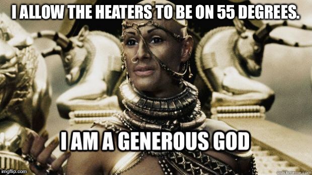 I am a generous god | I ALLOW THE HEATERS TO BE ON 55 DEGREES. | image tagged in i am a generous god | made w/ Imgflip meme maker