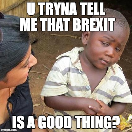 Third World Skeptical Kid Meme | U TRYNA TELL ME THAT BREXIT; IS A GOOD THING? | image tagged in memes,third world skeptical kid | made w/ Imgflip meme maker