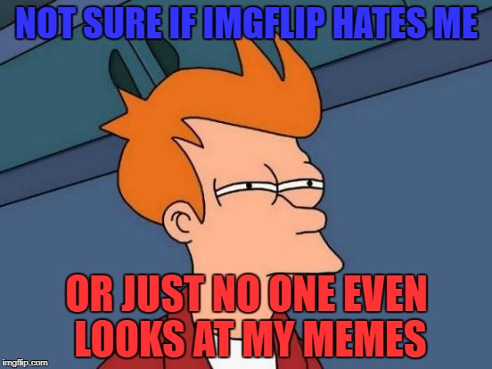 Futurama Fry | NOT SURE IF IMGFLIP HATES ME; OR JUST NO ONE EVEN LOOKS AT MY MEMES | image tagged in memes,futurama fry | made w/ Imgflip meme maker