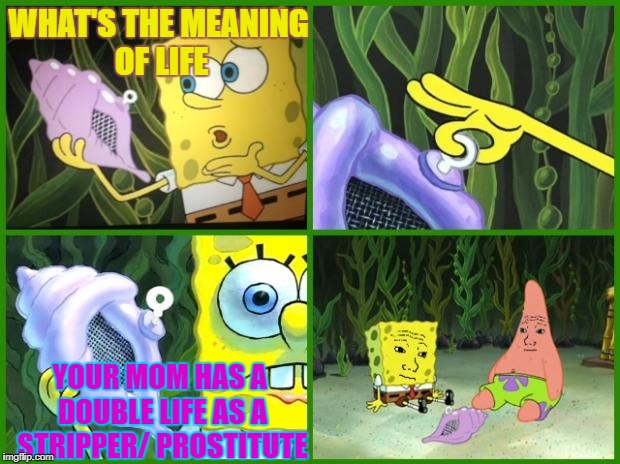 ..... | WHAT'S THE MEANING OF LIFE; YOUR MOM HAS A DOUBLE LIFE AS A STRIPPER/ PROSTITUTE | image tagged in spongebob magic conch | made w/ Imgflip meme maker