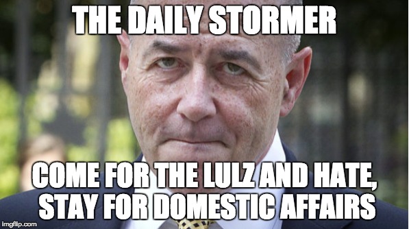 THE DAILY STORMER; COME FOR THE LULZ AND HATE, STAY FOR DOMESTIC AFFAIRS | made w/ Imgflip meme maker