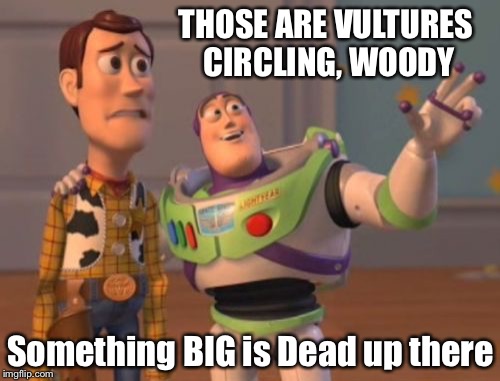 X, X Everywhere Meme | THOSE ARE VULTURES CIRCLING, WOODY Something BIG is Dead up there | image tagged in memes,x x everywhere | made w/ Imgflip meme maker