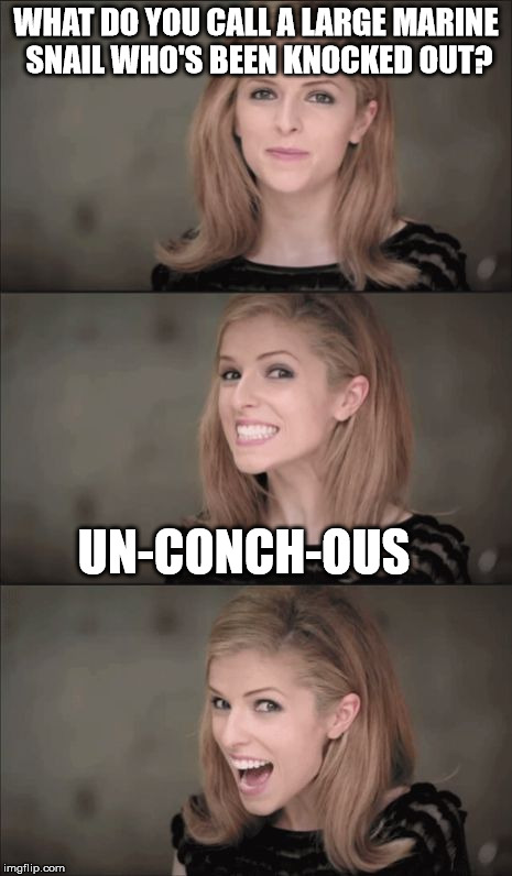 Bad Pun Anna Kendrick Meme | WHAT DO YOU CALL A LARGE MARINE SNAIL WHO'S BEEN KNOCKED OUT? UN-CONCH-OUS | image tagged in memes,bad pun anna kendrick | made w/ Imgflip meme maker