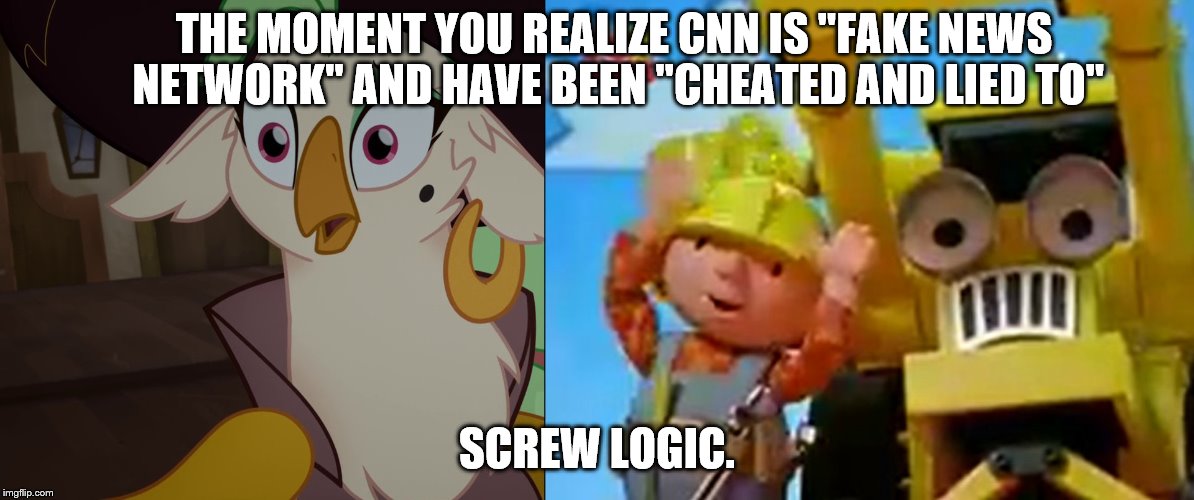Captain Celaeno and Bob the Builder's reaction to CNN | THE MOMENT YOU REALIZE CNN IS "FAKE NEWS NETWORK" AND HAVE BEEN "CHEATED AND LIED TO"; SCREW LOGIC. | image tagged in bob the builder,my little pony,captain celaeno,cnn fake news,screw logic,fake news | made w/ Imgflip meme maker