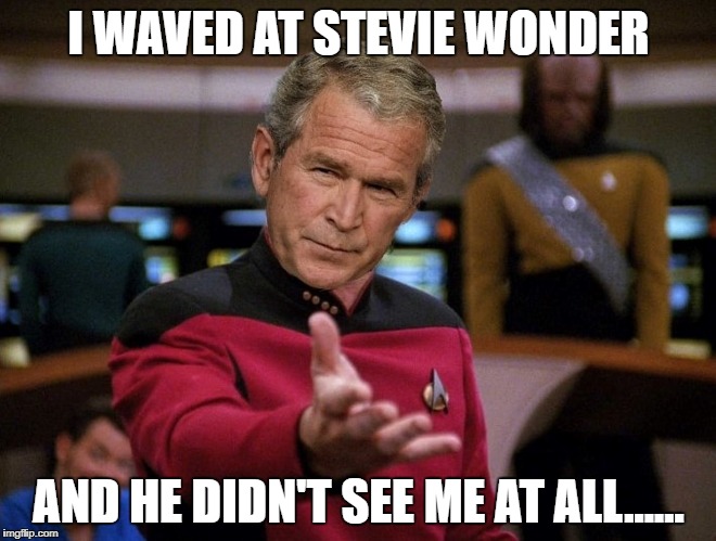Captain Obvious  | I WAVED AT STEVIE WONDER; AND HE DIDN'T SEE ME AT ALL...... | image tagged in george bush,captain obvious | made w/ Imgflip meme maker