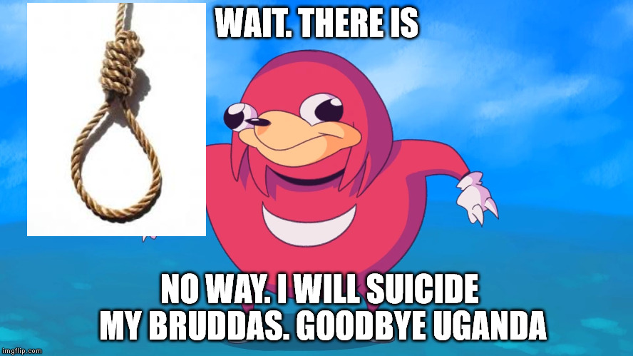 Uganda Knuckles | WAIT. THERE IS; NO WAY. I WILL SUICIDE MY BRUDDAS. GOODBYE UGANDA | image tagged in uganda knuckles | made w/ Imgflip meme maker