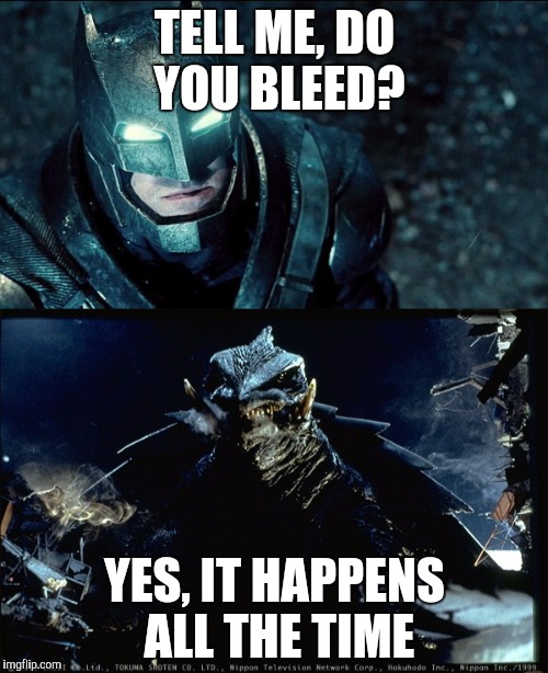 Batman asking Gamera does he bleed | TELL ME, DO YOU BLEED? YES, IT HAPPENS ALL THE TIME | image tagged in gamera,tell me do you bleed,do you bleed,batman | made w/ Imgflip meme maker