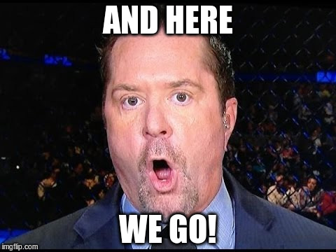 Mike Goldberg UFC | AND HERE; WE GO! | image tagged in mike goldberg ufc | made w/ Imgflip meme maker