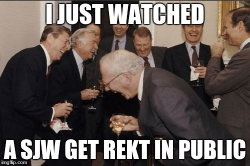 Laughing Men In Suits | I JUST WATCHED; A SJW GET REKT IN PUBLIC | image tagged in memes,laughing men in suits | made w/ Imgflip meme maker