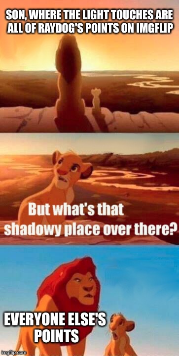 Raydog has all the points in the pridelands! | SON, WHERE THE LIGHT TOUCHES ARE ALL OF RAYDOG'S POINTS ON IMGFLIP; EVERYONE ELSE'S POINTS | image tagged in memes,simba shadowy place,raydog,disney,sad but true | made w/ Imgflip meme maker