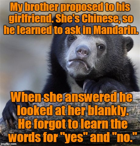 Confession Bear | My brother proposed to his girlfriend. She's Chinese, so he learned to ask in Mandarin. When she answered he looked at her blankly. He forgot to learn the words for "yes" and "no." | image tagged in memes,confession bear | made w/ Imgflip meme maker