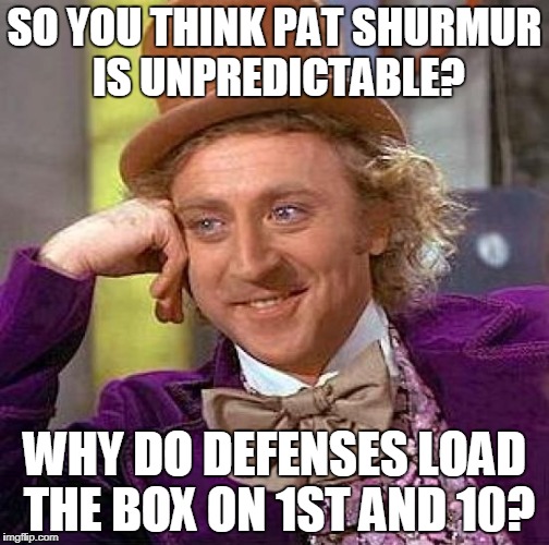 Creepy Condescending Wonka Meme | SO YOU THINK PAT SHURMUR IS UNPREDICTABLE? WHY DO DEFENSES LOAD THE BOX ON 1ST AND 10? | image tagged in memes,creepy condescending wonka | made w/ Imgflip meme maker