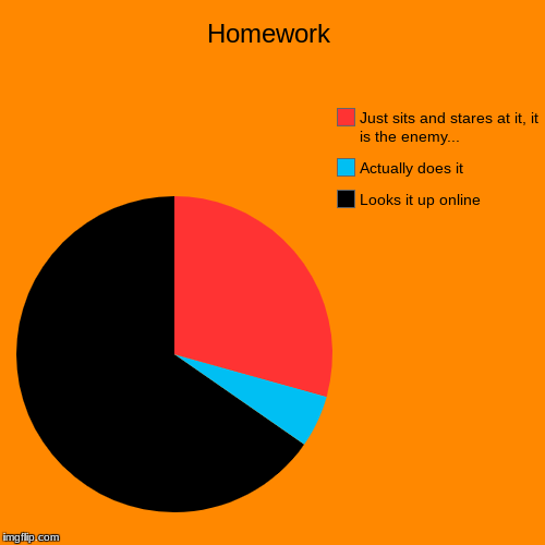 Homework | Looks it up online, Actually does it, Just sits and stares at it, it is the enemy... | image tagged in funny,pie charts | made w/ Imgflip chart maker