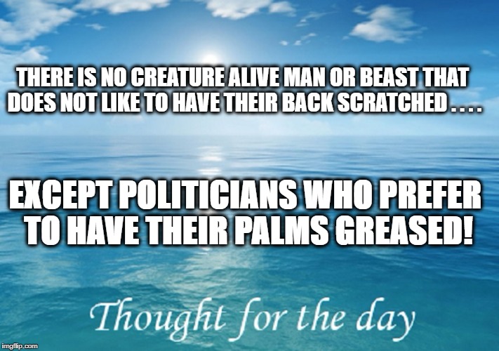 POLITICIANS...THE LOWEST FORM OF LIFE | THERE IS NO CREATURE ALIVE MAN OR BEAST THAT DOES NOT LIKE TO HAVE THEIR BACK SCRATCHED . . . . EXCEPT POLITICIANS WHO PREFER TO HAVE THEIR PALMS GREASED! | image tagged in politics,political meme,political,meme | made w/ Imgflip meme maker