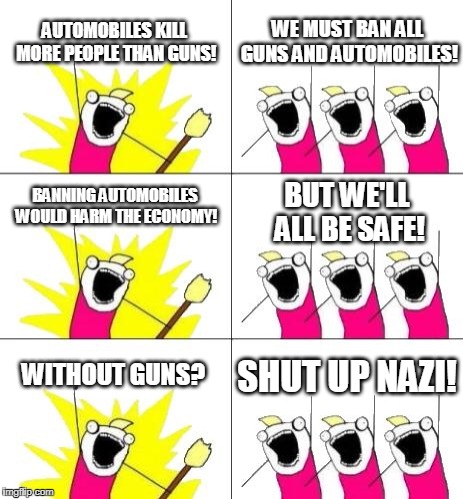 My gawd I'm so sick of the same old socialist bs! | WE MUST BAN ALL GUNS AND AUTOMOBILES! AUTOMOBILES KILL MORE PEOPLE THAN GUNS! BANNING AUTOMOBILES WOULD HARM THE ECONOMY! BUT WE'LL ALL BE SAFE! SHUT UP NAZI! WITHOUT GUNS? | image tagged in gun control,facts,liberal logic,american politics | made w/ Imgflip meme maker