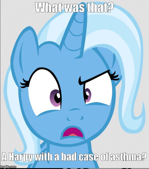 Beatrix "Trixie" Lulamoon confused | What was that? A Harpy with a bad case of asthma? | image tagged in beatrix trixie lulamoon confused | made w/ Imgflip meme maker