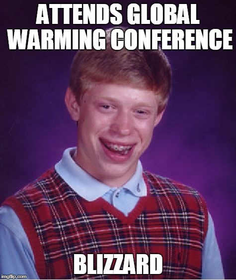 This Happens To Al Gore All The Time | ATTENDS GLOBAL WARMING CONFERENCE; BLIZZARD | image tagged in memes,bad luck brian | made w/ Imgflip meme maker