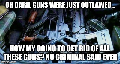 Gun Control | OH DARN, GUNS WERE JUST OUTLAWED... HOW MY GOING TO GET RID OF ALL THESE GUNS? NO CRIMINAL SAID EVER | image tagged in gun control | made w/ Imgflip meme maker