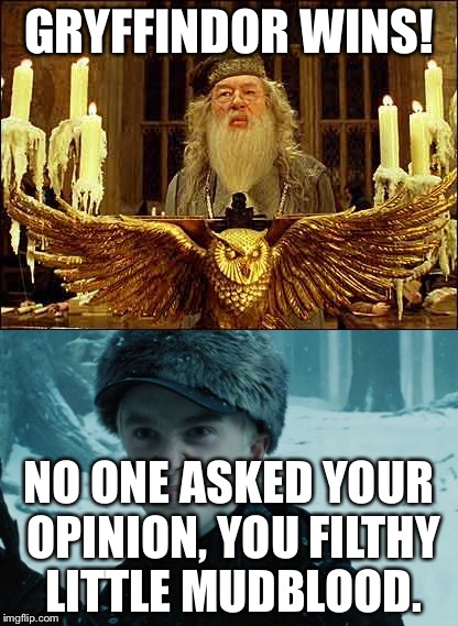 Typical... | GRYFFINDOR WINS! NO ONE ASKED YOUR OPINION, YOU FILTHY LITTLE MUDBLOOD. | image tagged in dumbledore,draco malfoy | made w/ Imgflip meme maker