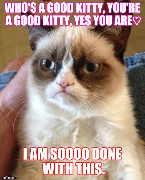 Grumpy Cat Meme | WHO'S A GOOD KITTY, YOU'RE A GOOD KITTY, YES YOU ARE♡; I AM SOOOO DONE WITH THIS. | image tagged in memes,grumpy cat | made w/ Imgflip meme maker