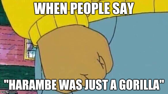 Arthur Fist Meme | WHEN PEOPLE SAY; "HARAMBE WAS JUST A GORILLA" | image tagged in memes,arthur fist | made w/ Imgflip meme maker