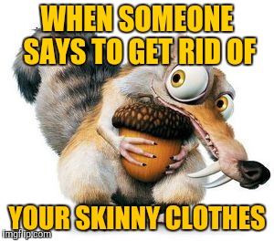 Obsessed squirrel | WHEN SOMEONE SAYS TO GET RID OF; YOUR SKINNY CLOTHES | image tagged in scrat weekend ice age,ice age,dieting | made w/ Imgflip meme maker