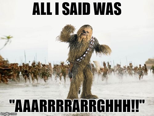 Chewbacca being chased | ALL I SAID WAS; "AAARRRRARRGHHH!!" | image tagged in funny memes,chewbacca,jack sparrow being chased | made w/ Imgflip meme maker