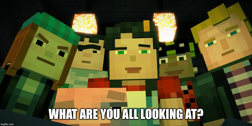 Minecraft Story Mode Image 4 | WHAT ARE YOU ALL LOOKING AT? | image tagged in minecraft story mode image 4 | made w/ Imgflip meme maker