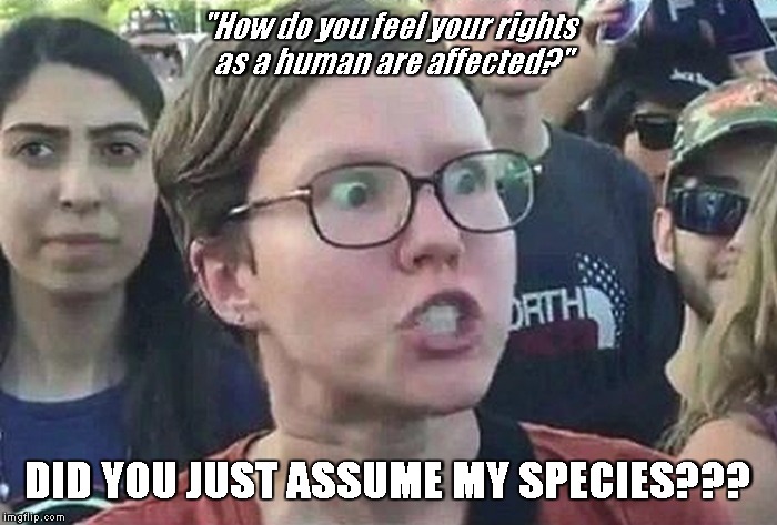 Triggered Liberal | "How do you feel your rights as a human are affected?"; DID YOU JUST ASSUME MY SPECIES??? | image tagged in triggered liberal | made w/ Imgflip meme maker