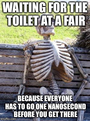Waiting Skeleton Meme | WAITING FOR THE TOILET AT A FAIR; BECAUSE EVERYONE HAS TO GO ONE NANOSECOND BEFORE YOU GET THERE | image tagged in memes,waiting skeleton | made w/ Imgflip meme maker