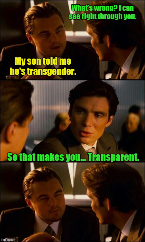 Di Caprio Inception | What's wrong? I can see right through you. My son told me he's transgender. So that makes you... Transparent. | image tagged in di caprio inception | made w/ Imgflip meme maker