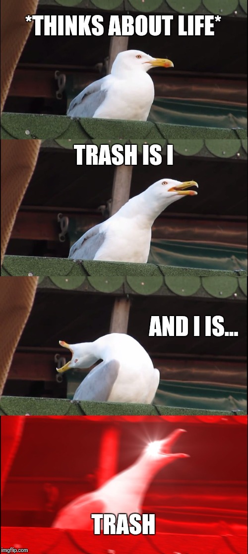 Inhaling Seagull Meme | *THINKS ABOUT LIFE*; TRASH IS I; AND I IS... TRASH | image tagged in memes,inhaling seagull | made w/ Imgflip meme maker