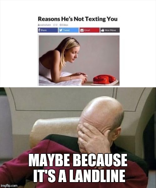 Technology in the rise | MAYBE BECAUSE IT'S A LANDLINE | image tagged in memes,trhtimmy,captain picard facepalm | made w/ Imgflip meme maker