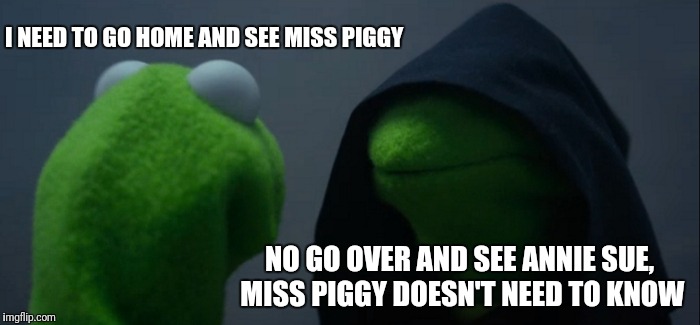Evil Kermit Meme | I NEED TO GO HOME AND SEE MISS PIGGY; NO GO OVER AND SEE ANNIE SUE, MISS PIGGY DOESN'T NEED TO KNOW | image tagged in memes,evil kermit | made w/ Imgflip meme maker