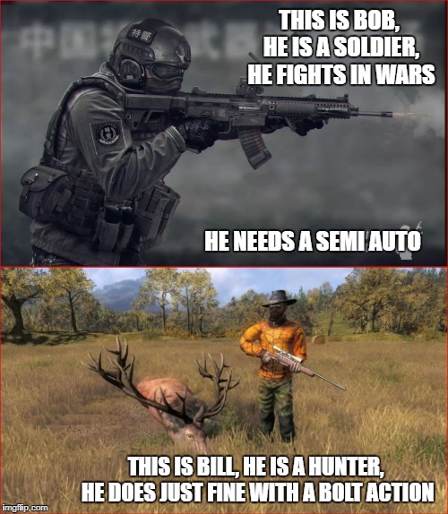 Ban Assault Weapons | THIS IS BOB, HE IS A SOLDIER, HE FIGHTS IN WARS; HE NEEDS A SEMI AUTO; THIS IS BILL, HE IS A HUNTER, HE DOES JUST FINE WITH A BOLT ACTION | image tagged in gun control,guns,gun violence | made w/ Imgflip meme maker