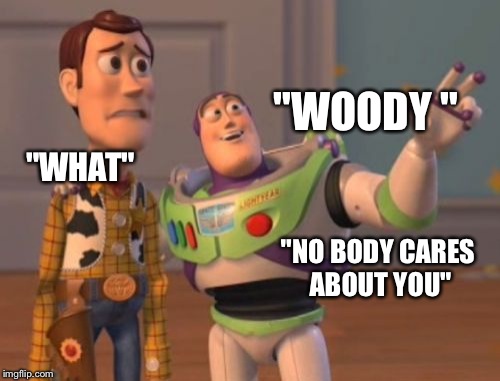 X, X Everywhere | "WOODY "; "WHAT"; "NO BODY CARES ABOUT YOU" | image tagged in memes,x x everywhere | made w/ Imgflip meme maker
