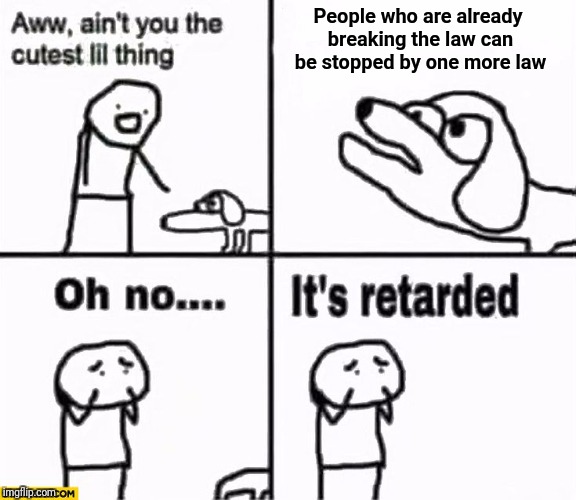 Oh no it's retarded! | People who are already breaking the law can be stopped by one more law | image tagged in oh no it's retarded | made w/ Imgflip meme maker