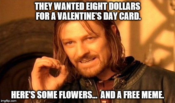 One Does Not Simply | THEY WANTED EIGHT DOLLARS FOR A VALENTINE'S DAY CARD. HERE'S SOME FLOWERS...  AND A FREE MEME. | image tagged in memes,one does not simply | made w/ Imgflip meme maker