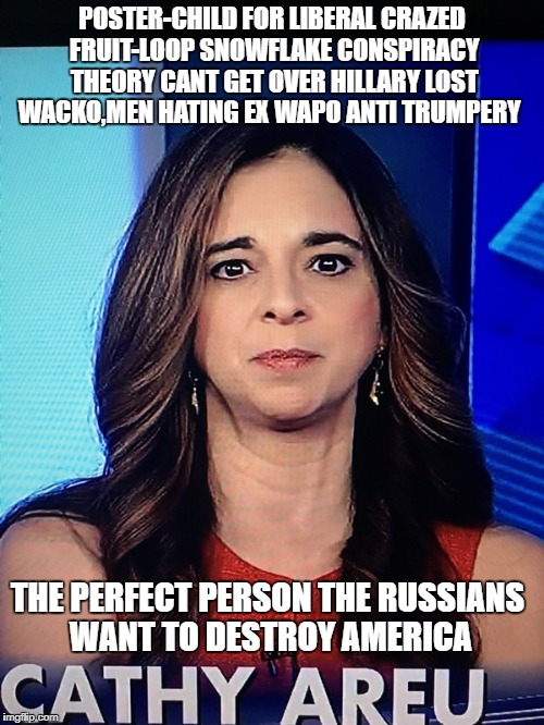 Poor Cathy Areu she Hates you if you don't agree | POSTER-CHILD FOR LIBERAL CRAZED FRUIT-LOOP SNOWFLAKE CONSPIRACY THEORY CANT GET OVER HILLARY LOST WACKO,MEN HATING EX WAPO ANTI TRUMPERY; THE PERFECT PERSON THE RUSSIANS WANT TO DESTROY AMERICA | image tagged in liberals gone nuts | made w/ Imgflip meme maker