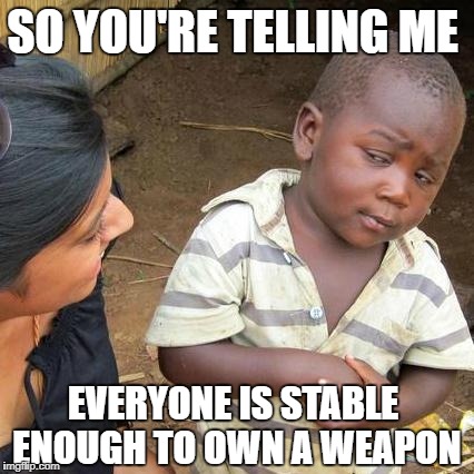 Third World Skeptical Kid Meme | SO YOU'RE TELLING ME; EVERYONE IS STABLE ENOUGH TO OWN A WEAPON | image tagged in memes,third world skeptical kid | made w/ Imgflip meme maker