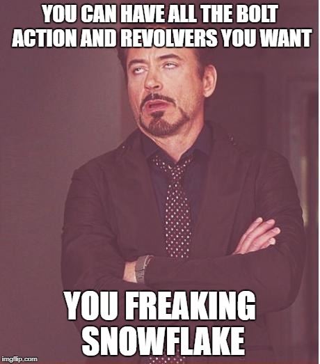 Face You Make Robert Downey Jr Meme | YOU CAN HAVE ALL THE BOLT ACTION AND REVOLVERS YOU WANT YOU FREAKING SNOWFLAKE | image tagged in memes,face you make robert downey jr | made w/ Imgflip meme maker