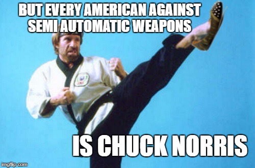 juck kick | BUT EVERY AMERICAN AGAINST SEMI AUTOMATIC WEAPONS IS CHUCK NORRIS | image tagged in juck kick | made w/ Imgflip meme maker