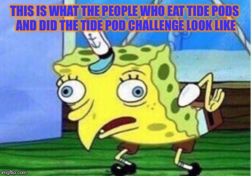 Mocking Spongebob Meme | THIS IS WHAT THE PEOPLE WHO EAT TIDE PODS AND DID THE TIDE POD CHALLENGE LOOK LIKE | image tagged in memes,mocking spongebob | made w/ Imgflip meme maker