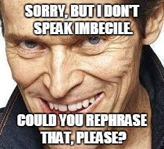 dafoe grinning | SORRY, BUT I DON'T SPEAK IMBECILE. COULD YOU REPHRASE THAT, PLEASE? | image tagged in dafoe grinning | made w/ Imgflip meme maker