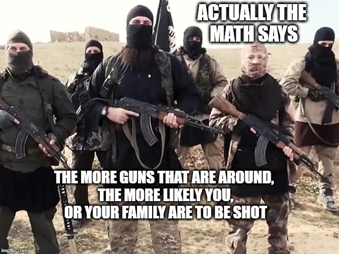 kkk in black sheets | ACTUALLY THE MATH SAYS THE MORE GUNS THAT ARE AROUND, THE MORE LIKELY YOU, OR YOUR FAMILY ARE TO BE SHOT | image tagged in kkk in black sheets | made w/ Imgflip meme maker