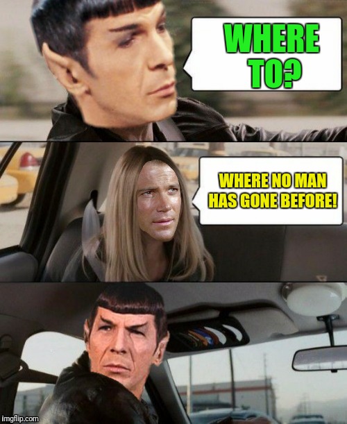 Bad Photoshop Sunday presents:  The Spock driving, a tweaked resubmission  | WHERE TO? WHERE NO MAN HAS GONE BEFORE! | image tagged in bad photoshop sunday,the spock driving,the rock,mr spock,captain kirk,star trek | made w/ Imgflip meme maker