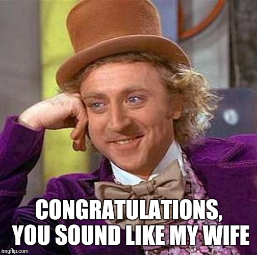 Creepy Condescending Wonka Meme | CONGRATULATIONS, YOU SOUND LIKE MY WIFE | image tagged in memes,creepy condescending wonka | made w/ Imgflip meme maker