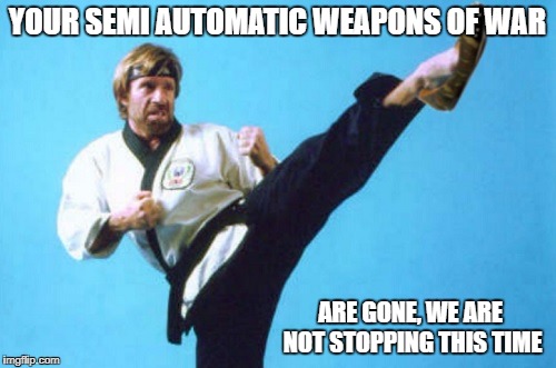 juck kick | YOUR SEMI AUTOMATIC WEAPONS OF WAR ARE GONE, WE ARE NOT STOPPING THIS TIME | image tagged in juck kick | made w/ Imgflip meme maker