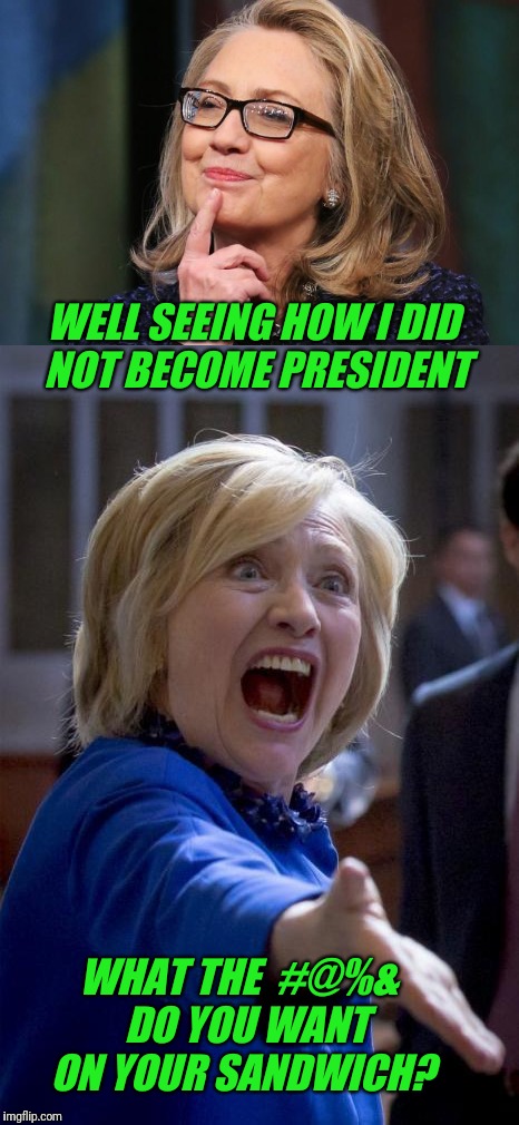 Decisions Decisions | WELL SEEING HOW I DID NOT BECOME PRESIDENT; WHAT THE  #@%&  DO YOU WANT ON YOUR SANDWICH? | image tagged in make me a sandwich,sandwich,hillary lost | made w/ Imgflip meme maker
